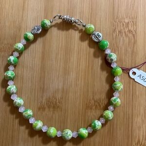 Hand Crafted Ankle Bracelet Gemstone Green Pink Silver Anklet Magnetic Clasp